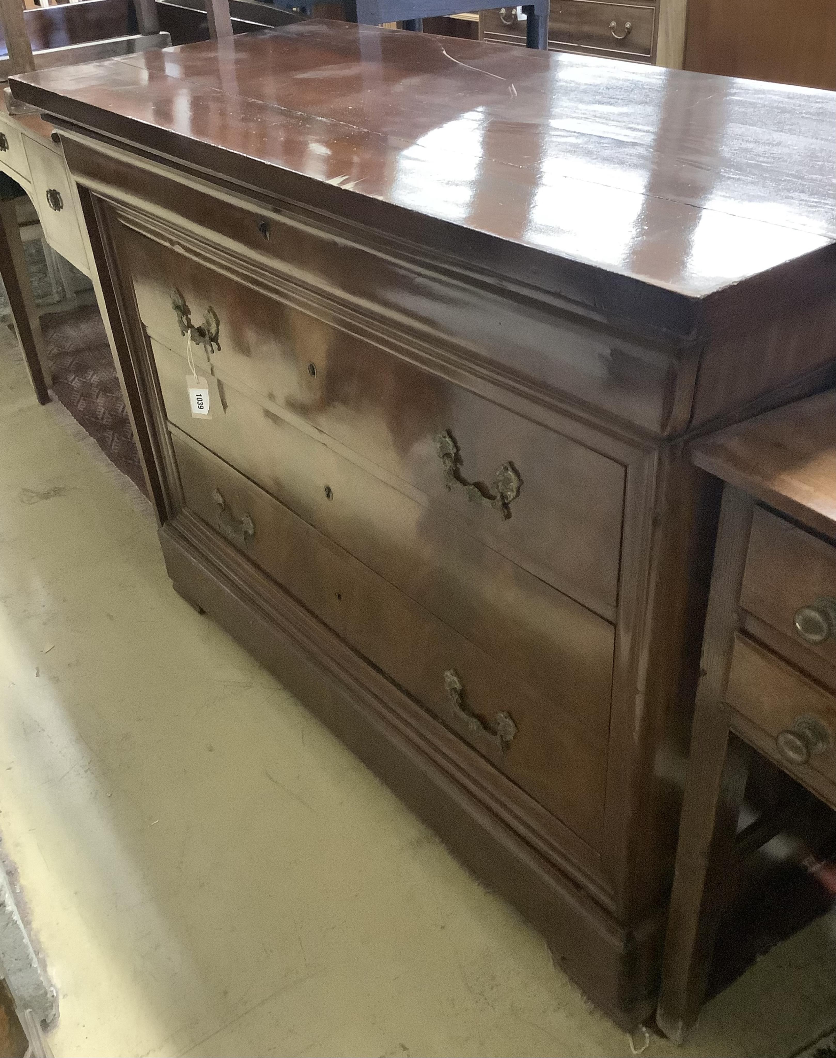 A 19th century French mahogany commode, width 125cm, depth 55cm, height 96cm. Condition - poor to fair